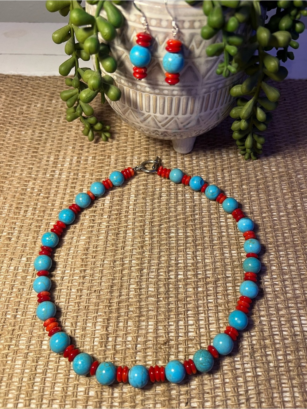 Turquoise and Red Beaded Necklace and Earring Set. Handmade.